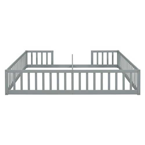 Double Frame Twin Size Floor Bed with Fence for Kid,Girls & Boys,Montessori Wood Bed Frame w/Safety Guardrails & Easy Assemble,Grey
