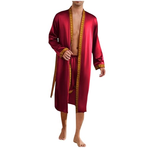 Men's Silk Satin Robe Pajamas Sets with Shorts Sleepwear Long Sleeve Kimono Bathrobe Nightwear with Belt