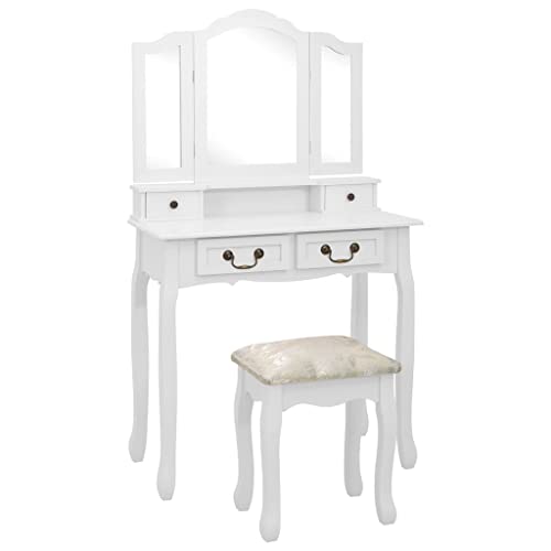 vidaXL Paulownia Ensemble de Coiffeuse avec Tabouret Table de Maquillage Table de Toilette Cosmétique Chambre Maison Intérieur Blanc 80x69x141cm