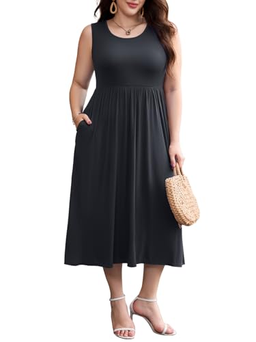 Image of LARACE Women's Plus Size Sleeveless Maxi Dress Casual Crew Neck Pleated Flowy Long Dresses with Pockets L-6XL