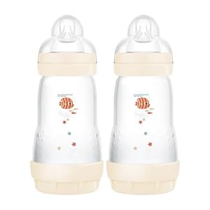MAM Easy Start Self Sterilising Anti-Colic Baby Bottle Pack of 2 (2 x 260 ml), MAM Bottles with Medium Flow MAM Teats Size 2, Newborn Essentials, Ivory (Designs May Vary)