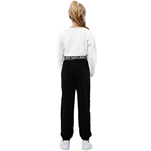 Image of Betusline Girls Clothing Sets, 2 Pieces Pullover Crop Sweatshirt + Running Pants Cropped Sweatsuit Tennis Clothes Set, Butterfly White Black, 9-10 Years