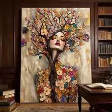 Tableau abstrait floral sur toile de lin Arbre de Vie haut de gamme 60x80cm