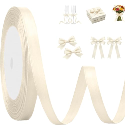 Cream White Satin Ribbon 3/8 Inch Width x 25 Yards Length Solid Color Silk Fabric for Gift Wrapping Wedding Party Birthday Decorations Flower Bouquet Bow Making.