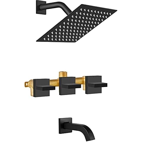 Midanya Matte Black 3 Handle Tub Shower Faucet with Tub Spout, 8-inch Rainfall Shower Head Combo and Rough-in Valve Wall Mount Bathroom Trim Kit Rainfall Shower System Bathtub Rain Shower Faucet Set Cover