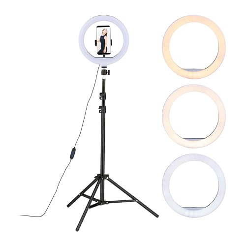 Relaxdays LED Ringlicht mit Stativ, 10' Ringleuchte dimmbar, Make-up, Fotografie & Videos, Lichtring Handy, weiß/schwarz