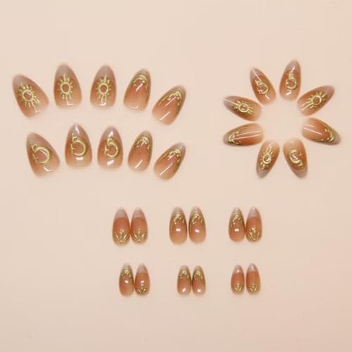 Image of Star Moon Press on Nails 3D Gold Fake Nails Short Almond False Nail with Design French Tip Glue on Nails Glossy Artificial Acrylic Full Cover Ombre Stick on Nail for Women Manicure 24Pcs
