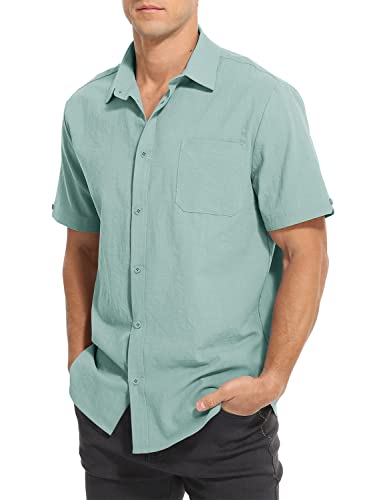 Tureface Cotton Linen Shirt For Men Short Sleeve Button Front Relaxed Fit Collared Casual Shirts Light Blue #TOP4