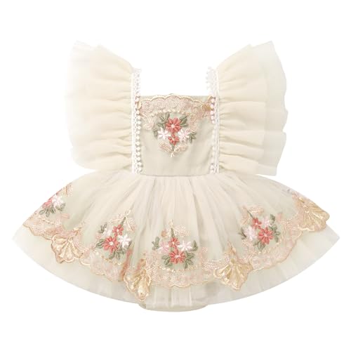 Toddler Baby Girl Birthday Dress Flutter Sleeve Floral Embroidery Ruffle Tulle Tutu Romper Dress and Headband3
