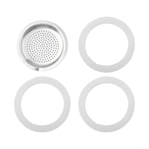 EXTRWORY Piezas de repuesto para cafetera espresso, 3 sellos de silicona y 1 filtro de malla de aluminio para cafetera Moka de 2 a 12 tazas, color plateado para preparación de cocina (2 tazas)
