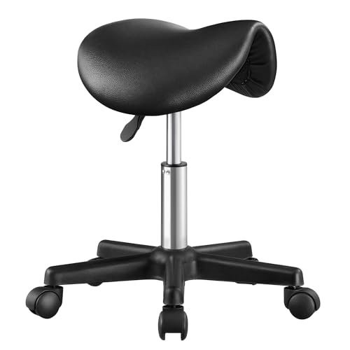 SONGMICS Tabouret Selle, Tabouret à roulettes Ergonomique en Cuir PU, Réglable en Hauteur, Pivotant à 360°, 56 x 56 x 45-61 cm, Noir, pour Bureau, Salon,...