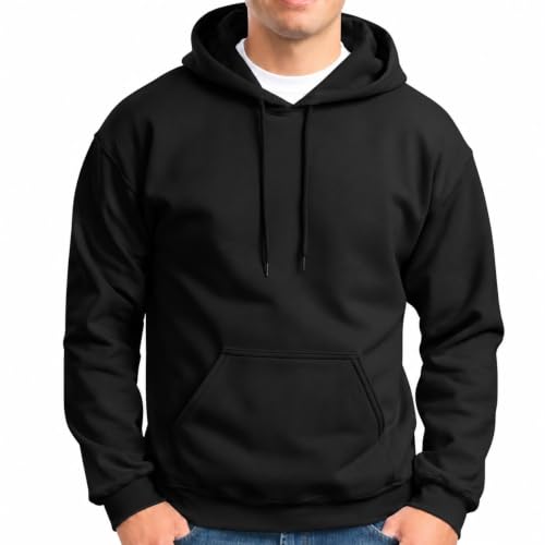 Image of Men's Black Pullover Hoodie Sweatshirt with Kangaroo Pocket