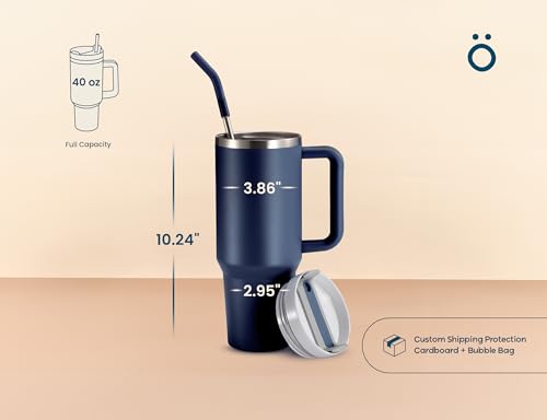 Image of KooK Tumbler with Straw and Handle, 40 Oz, Stainless Steel, Vacuum Insulated Travel Coffee Mug, Reusable Double Walled Water Bottle, Keeps Hot or Cold (Storm Blue)