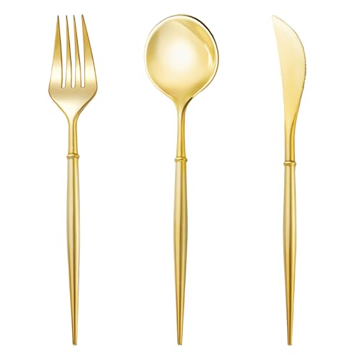N9R 90PCS Gold Plastic Silverware, Gold Disposable Utensils, Gold Silverware Disposable, Disposable Cutlery includes: 30 Knives, 30 Forks, and 30 Spoons for Party, Birthday, Wedding by N9R - Used condition - US$19.01