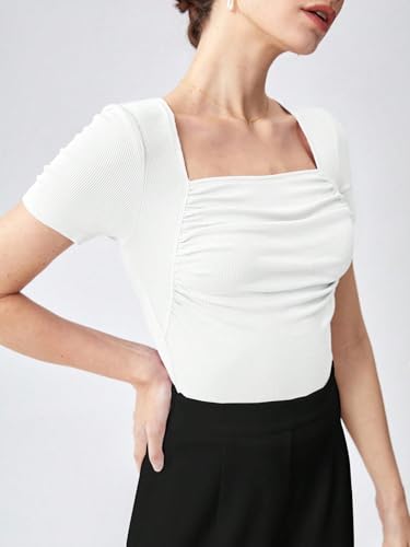 Shasmi Women's & Girl's Polyester Summer Square Neck Solid Color Ruched Tee Workwear Pleated Casual Regular Fit T-Shirt