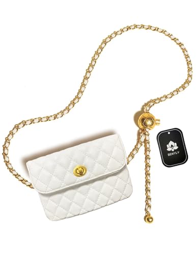BEMYLV Leather Chain Belt Bag for Women White Crossbody Phone Purse Adjustable Fanny Pack Fashion Waist Purse Evening Clutch Detachable Mini Handbag