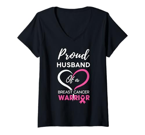 Womens proud husband breast cancer family breast cancer awareness v-neck t-shirt