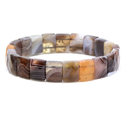 Keleny Natural Brown Botswana Agate 14Mm Faceted Rectangle Gemstones Beads Rock Elastic Bangle 7.5 Inch #TOP20