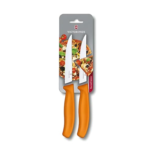 Victorinox Swiss Classic, Pizza- und Steakmesser Set, 2teilig, Extra Scharfe Klinge, Wellenschliff, 11 cm, Kunststoffgriff, Rostfreier Stahl, Orange