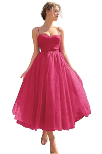 Image of A line Ruched Tulle Prom Dress Spaghetti Straps for Women, Tea Length Sweetheart Homecoming Dress Cocktail Dress