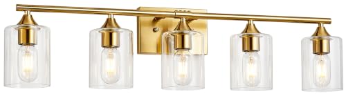 Image of 5 Light Bathroom Vanity Light Brushed Gold,32 inch Bathroom Light Fixtures,Gold Wall Sconces for Living Room Bedroom,E26 Base