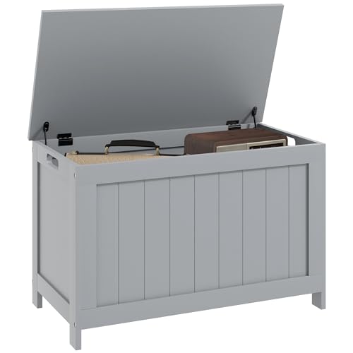 HOMCOM Baúl de almacenamiento, baúl de almacenamiento moderno con 2 bisagras de seguridad y asas recortadas, caja de juguetes de madera para sala de estar, entrada, 76 x 40 x 48 cm, gris