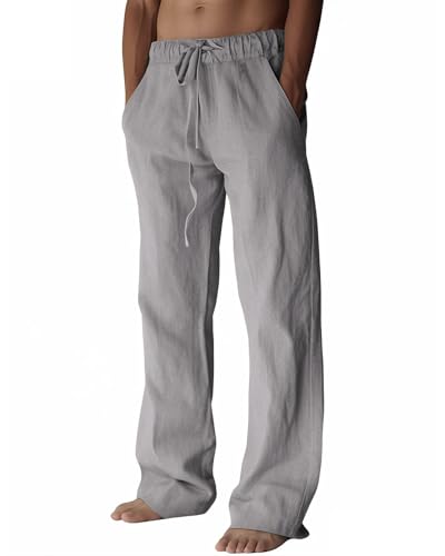 Image of PIDOGYM Mens Cotton Linen Pants, Summer Beach Pants Casual Loose Fit with Elastic Waist Drawstring