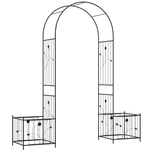 Costway Metal Garden Arbor with Planter Boxes, Arch Trellis with Ground Stakes for Climbing Plants, Heavy-Duty Outdoor Archway for Wedding,Ceremony Decoration