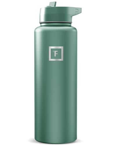 Image of IRON FLASK Camping & Hiking Hydration Flask with Straw, Wide Mouth Insulated Stainless Steel Sports Water Bottle - Sage 40 oz - Straw (1 Lid)
