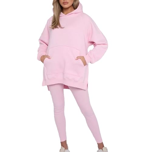 Vibes Women's Oversized Hooded Sweatshirt & Leggings Set Women Comfortable Lounge Ladies Tracksuit for Exercise Gym Yoga Running and Everyday Wear (UK, Alpha, L, XL, Regular, Regular, Pink)