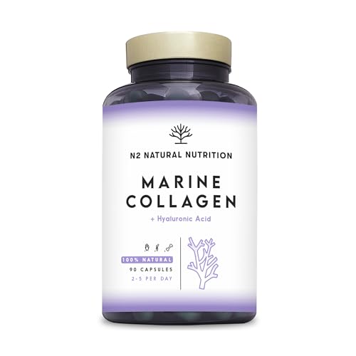 Colageno Marino Hidrolizado Puro. Peptan. Con Ácido Hialurónico y Vitamina C. 90 Caps. Alta Concentración. Suplemento Articulaciones, Piel y Huesos. Colageno con Magnesio. N2 Natural Nutrition