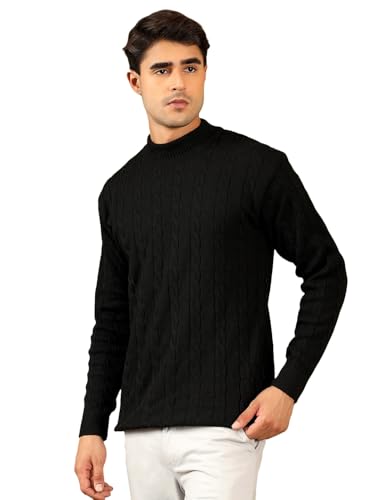 Image of Kvetoo Men's High Neck Cable Knit Sweater | Winter Pullover | Warm Wool Blend |Casual Full Sleeve Sweater for Men | Stylish Ribbed Neck Slim Fit Winterwear
