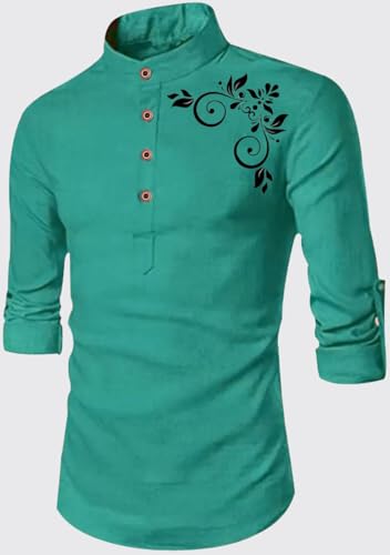 Image of DEEMOON Men's Full Sleeve Short Kurta Shirt with a Trendy Mandarin Collar Crafted from a Premium Cotton Blend for Comfort Ideal for Casual and Semi-Formal Occasions