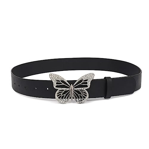 Womens Belts for Jeans Dresses Fashion Silver Rhinestone Butterfly Buckle Belt Black Brown Pink Off White