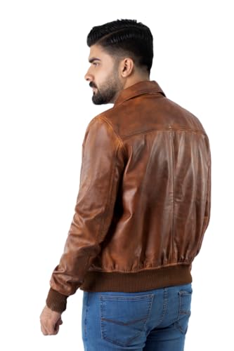 Brown Lambskin Leather Jacket Mens | Distressed Real Leather Bomber Jacket Mens | Vintage Effect Treated Motorbike Clothing