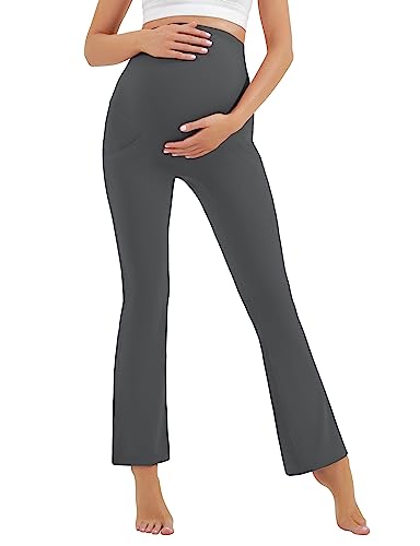 Image of HEGALY Women's Maternity Flare Leggings Over The Belly - Casual Pregnancy Yoga Pants with Pockets Buttery Soft, Dark Grey, Medium
