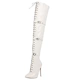  KISSYAYA Damen Overknee-Stiefel Pointed Toe Patent Stiletto Heel(36 EU,Weiß)