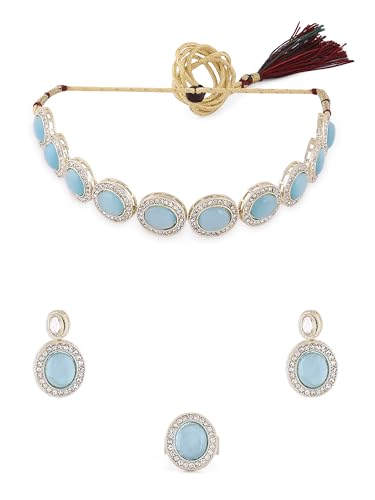 ZAVERI PEARLS Turquoise Blue Cat Eye Austrain Diamonds & Stones Choker Necklace Earring & Ring Set For Women-ZPFK16628