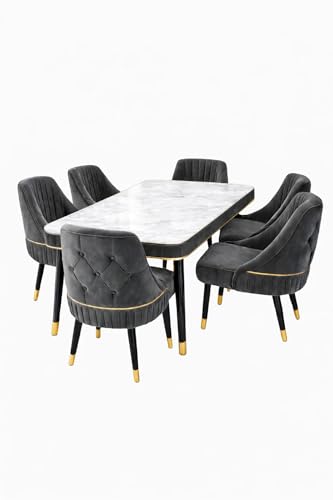 Image of WOODEN SPACE 6-Seater Wooden Dining Table Set | Nano Composite Marble Top | Solid Wood Base | Modern Dining Room Furniture with 6 Chairs (Black Grand Aura)