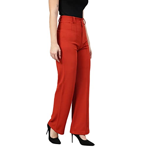 Image of KOTTY Women Polyester Blend Orange Solid Trousers(Red Orange,30)