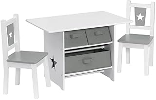WOLTU Wooden Kids' Children's Table with 2 Chairs Stools and 3 Storage Drawers Set for Preschoolers Boys and Girls Activity Build & Play Table Chair Set White+Grey SG011