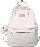 Preppy Backpack Cute Plushies Light Academia Aesthetic School Bag for Teen Girls (White)