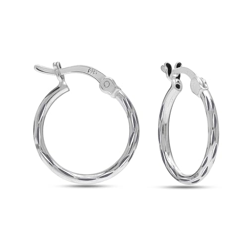 Image of Charmsy 925 Sterling Silver Elegant 925 Sterling Silver Hoop Earrings for Women | Medium Classic Diamond-Cut Textured Hoops Earring | Womens Click-Top Earring Hoop 30MM