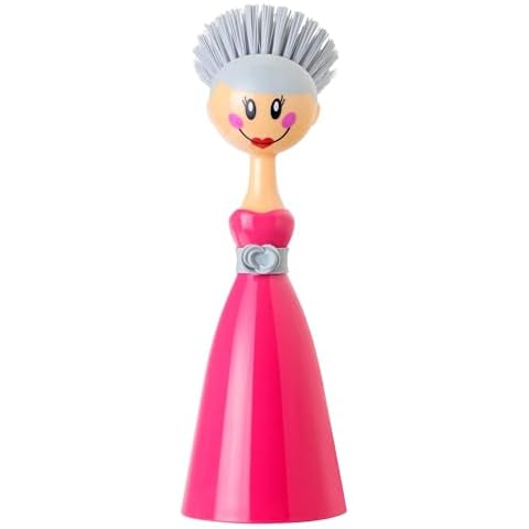 Vigar Dolls Dish Brush with Ergonomic Handle and Dress-Shaped Brush Holder, Dish Brush with Handle for Kitchen Dishes and Sink Cleaning, Pink, Gray Cover