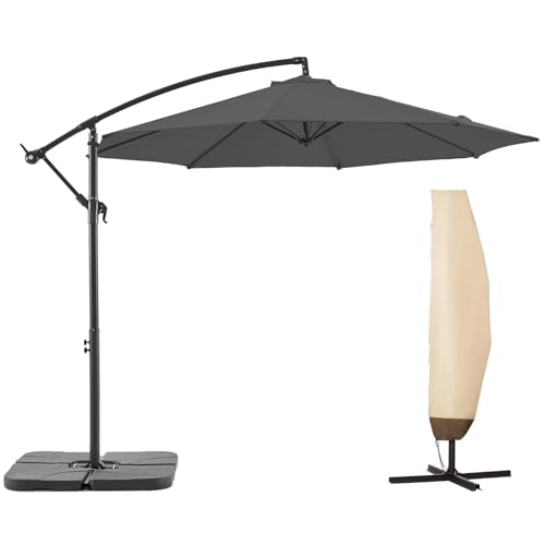 BLUU BANYAN 10 FT Patio Offset Umbrella Cantilever Hanging Umbrellas, 24 Month Fade Resistance & Water-repellent UV Protection, Crank & Cross Base (Grey, 10 FT WITH 600D COVER)
