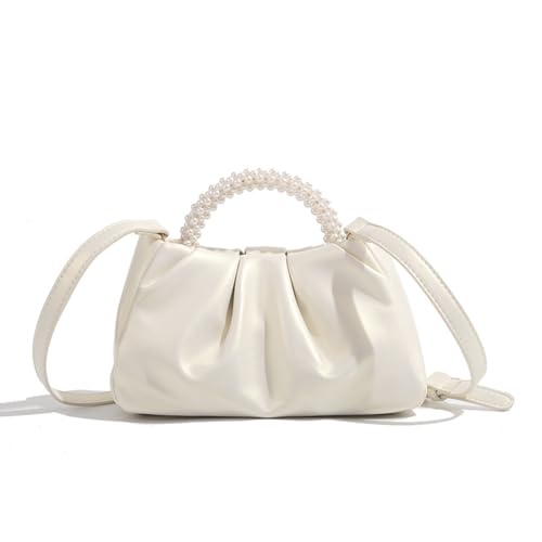 CUNGGI Damen Abendtasche, kleine Perlen Abendhandtaschen, weiches Leder clutch Perle hochzeit perlen gerüscht perlen handtasche Crossbody Umhängetaschen für Party weiss