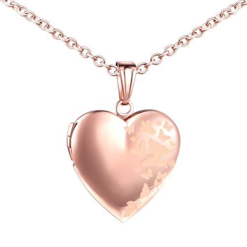 MICMIF Collier Personnalisé Médaillon de Cœur, Acier inoxydable Pendentif Porte Photo Médaillon Papillons pour 2 Photo Pendentif avec Chaîne 50cm Bijoux...