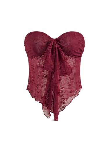 CIDER Summer Tube Tops for Women Floral Tie Front Cute Tops Sexy Going Out Tops Trendy Strapless Mesh Flowy Top Casual