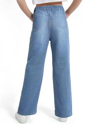 Haloumoning Girls Wide Leg Jeans Kids High Waisted Demin Pants Stretch Long Pants with Pockets 5-14 Years2