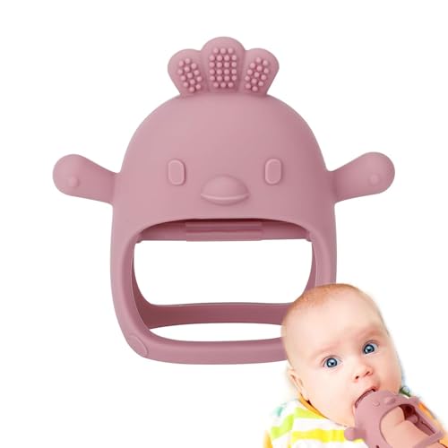 Image of PandaEar Silicone Baby Teething Toys| Baby Hand Teether Mitten for Sucking Needs| Chew Toys Hand Pacifier for Soothing Teething Pain Relief (Rattle Penguin Dark Pink)